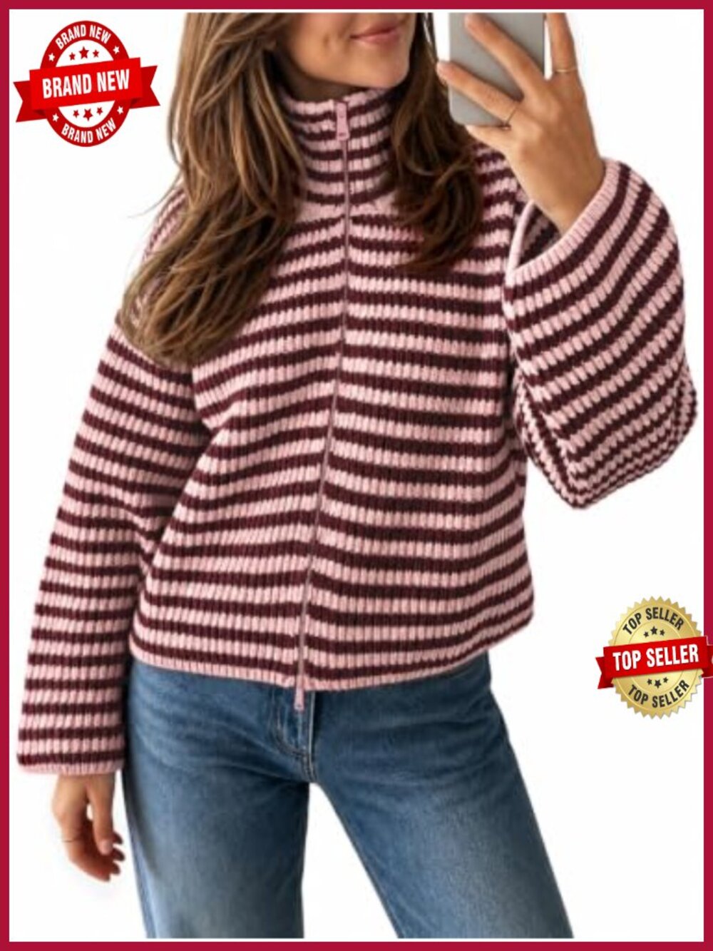 Striped Zip Up Cardigan Women Mock Neck Long Sleeve Loose Fit Knit Sweater - Picture 1 of 6